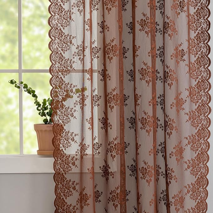Kotile Warm Brown Sheer Curtains 54 Inche Length 2 Panels W42 x L54 Inch, Country Rustic Floral Brown Colored Lace Curtains for Bedroom, Rod Pocket Privacy Light Filtering Cottage Sheer Lace Curtain