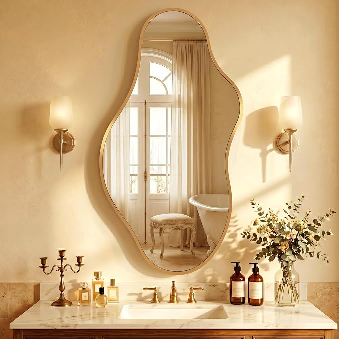 Dorlicecass Bathroom Mirrors for Over Sink - Long Wall Mirrors Decorative 24"x 43" Asymmetrical Abstract Aviation Aluminum Alloy Frame Unique for Bedroom, Living Room, Cloakroom, Entryway Gold