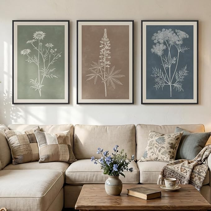 Large Framed Boho Botanical Wall Art for Living Room, 3 Piece Vintage Neutral Floral Canvas Painting Prints, Rustic Minimalist Flower Plants Pictures for Farmhouse Bedroom Office Wall Decor, 24x36 In