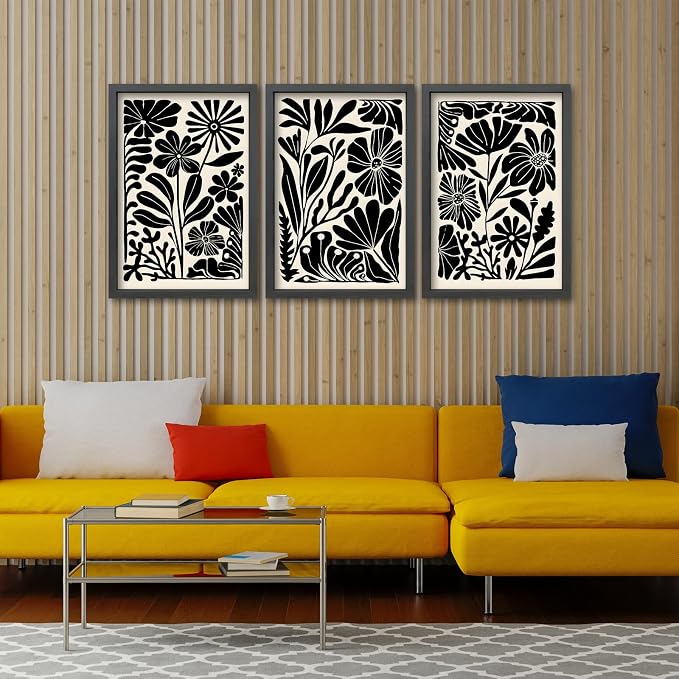 TQianJiang Flower Plant Sign Wall Decor 24"x16" Set of 3 Black And White Botanical Painting Wood Framed for Bedroom Abstract Wildflower Hanging Art (Black)