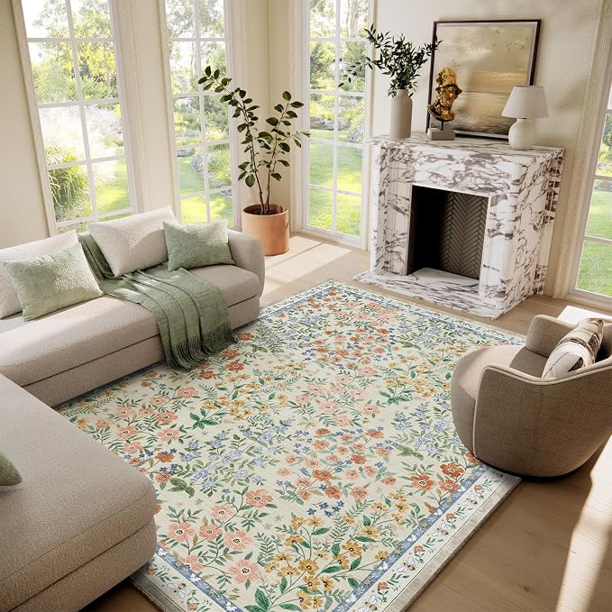 Machine Washable Rugs for Living Room: 6x9 Area Rugs for Bedroom Vintage Stain Resistant Non Slip Low Pile Lightweight Soft Carpet for Dining Room Kitchen Farmhouse Kids Room Nursery Indoor