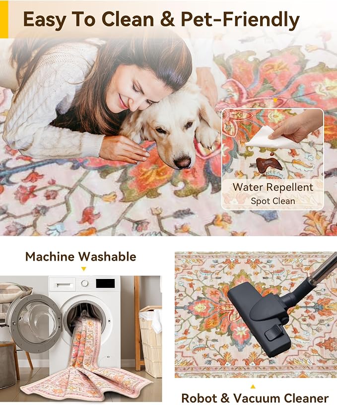 RELEANY Area Rugs 4'x6' Washable Non-Slip, Floral Vintage Distress Medallion Carpet for Living Room Bedroom Dining Room, Light Pink Colorful