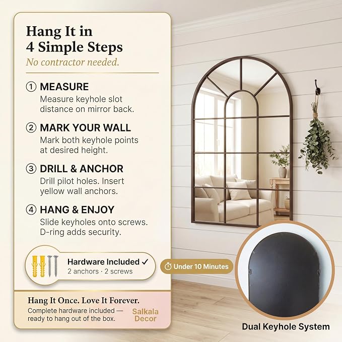 Black Arched Window Mirror | Farmhouse Decorative Wall Mirrors for Living Room, Bedroom, Entryway, Bathroom Vanity, Fireplace Mantel | Window Pane Mirror Wall Decor | Arch Mirror Modern Accent Décor