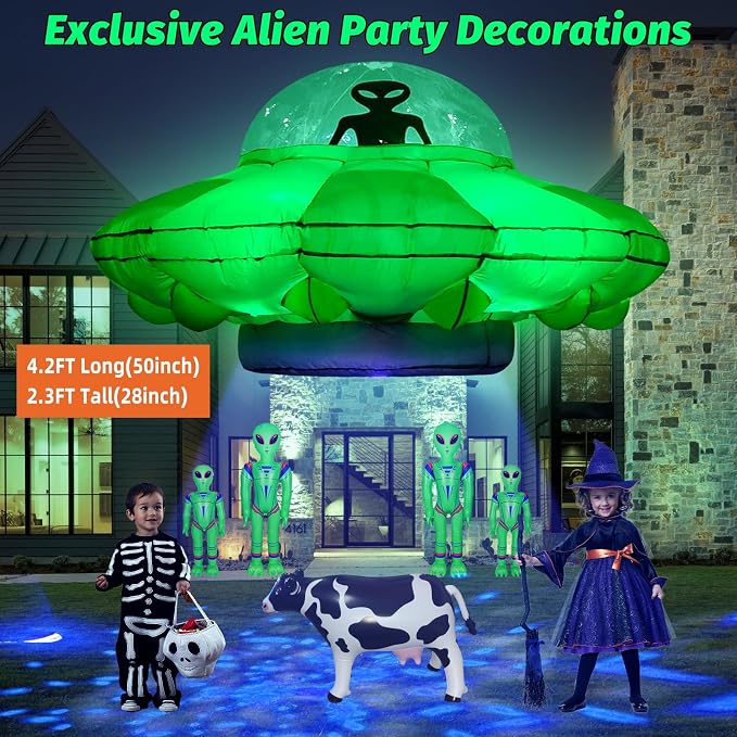 Alien Party Decorations 4.2FT Hanging Alien UFO Cow Abduction Inflatable with Cow&2pcs Jumbo Alien Halloween Inflatable UFO Built-in Green LED Blue&White Flashing Light Blow Up Yard Home Garden Decor