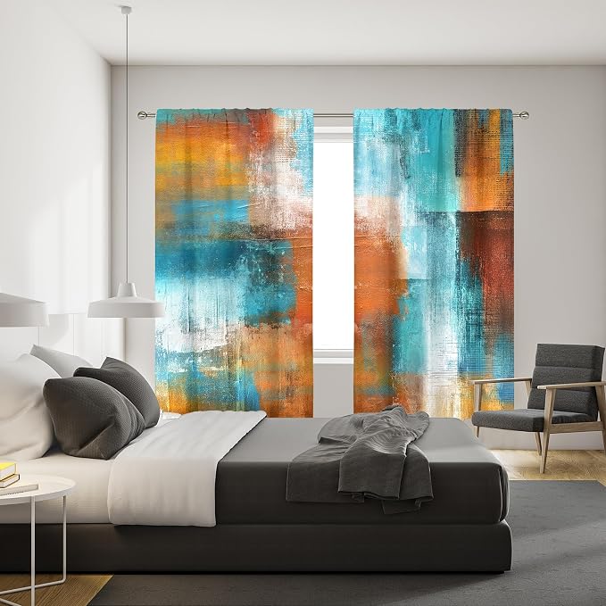 MESHELLY Abstract Brown Teal Curtains 42W x 63H Inch Rod Pocket Rust Burnt Orange Turquoise Art Painting Modern Contemporary Watercolor Cool Oil Print Vintage Living Room Bedroom Window Drapes 2 Panel
