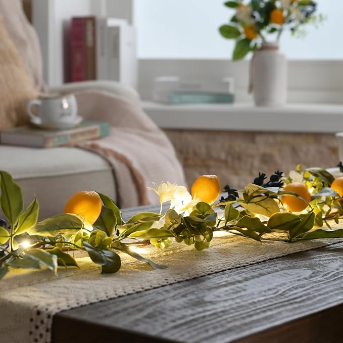 Valery Madelyn 6ft Artificial Lemon Garland for Mantel Summer Decor(Thin) | Faux Lemons Eucalyptus & Blueberry Summer Garland with Lights for Stairs Table Fireplace Farmhouse Kitchen Home Decor