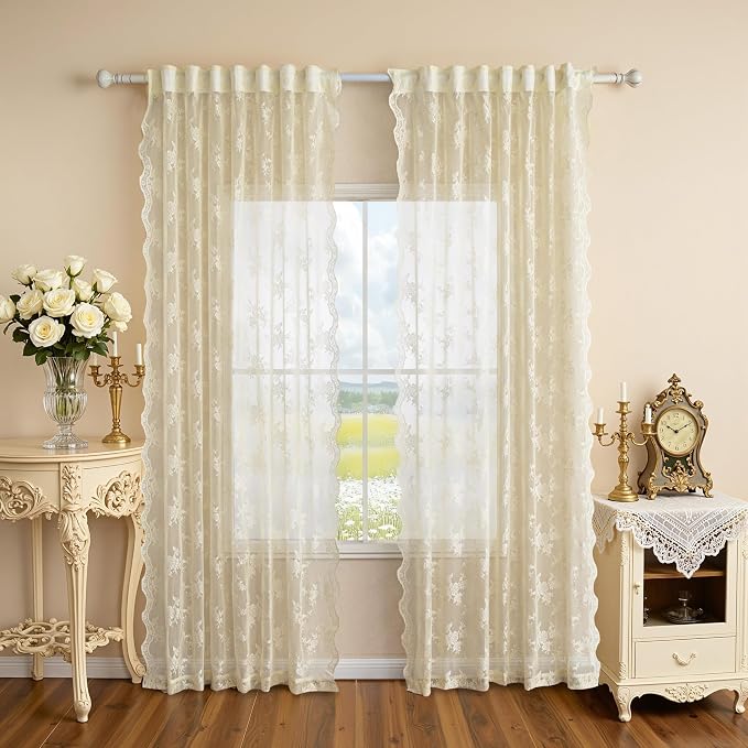 MEETSKY Lace Sheer Curtains 84 Inch Long 2 Panels Set Vintage French Victorian Spring Floral Pattern Design Light Filtering Rod Pocket Drapes for Living Room, 50" W Each Panel, Light Yellow