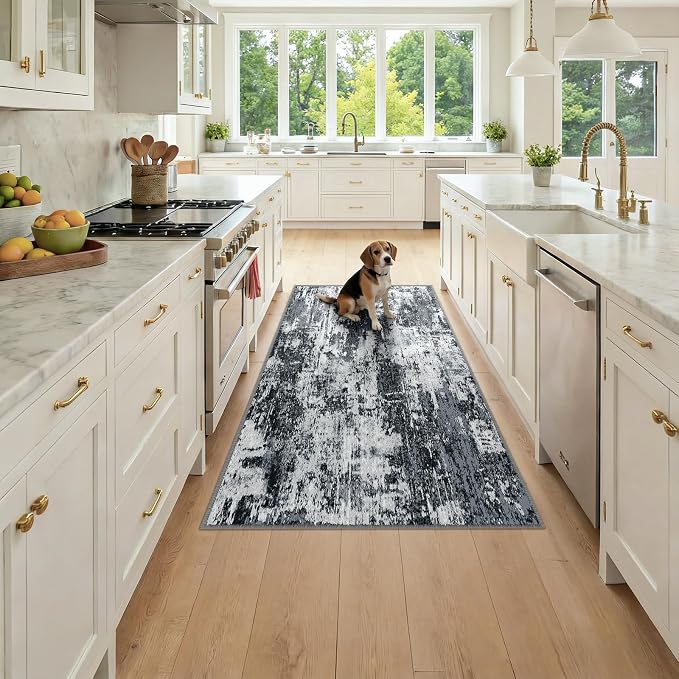 RELEANY Washable Area Rugs 3x6 Non-Slip Modern Abstract Soft for Living Room Entryway Bedroom Kitchen, Print Pattern, Black Navy Blue Gray