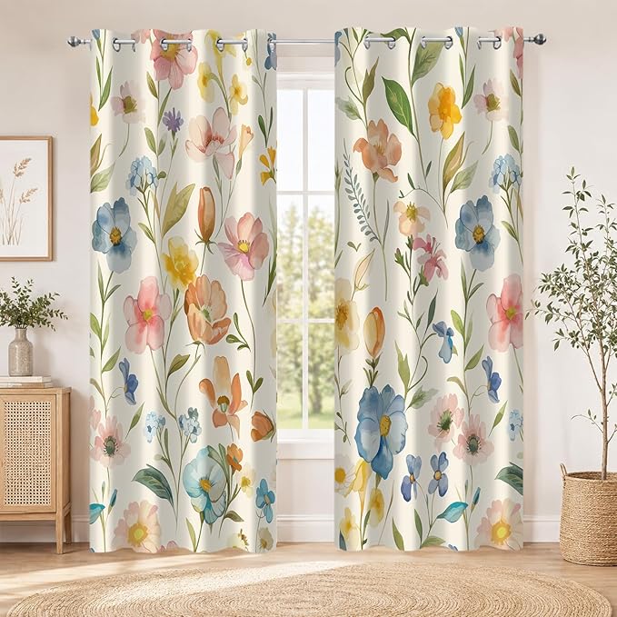 Boho Floral Blackout Curtains, Vintage Colorful Watercolor Wildflower Botanical Plant Leaves Room Darkening Thermal Insulated Grommet Window Drapes for Living Room Bedroom Decor 2 Panels 52x84 Inches