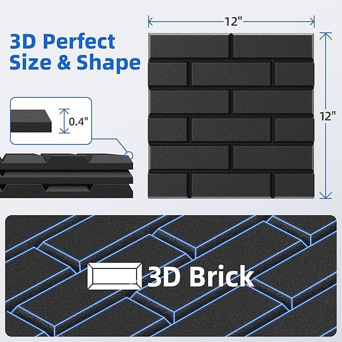 Nepis 20 Pack Acoustic Panels with Self Adhesive, 12"X12"X0.4" High Density Sound Proof Foam Panels for Walls, Soundproof Wall Panels, Brick Sound Absorbing Panels for Home Studio Office Decor-Black