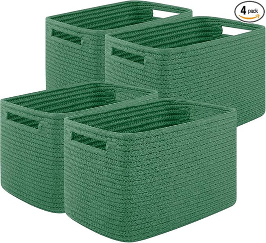 OIASKET Storage Baskets for Organizing, Woven Decorative Baskets for Shelves - Books, Towels, and Clothes, Cotton Rope Toy Storage Bins, 12.7''Lx9''Wx7.8''H, Pack of 4, Green