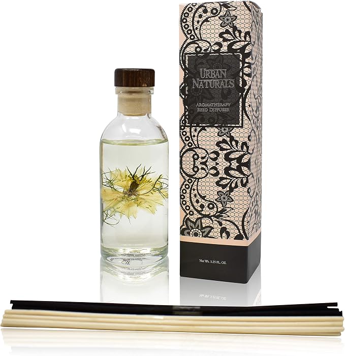 Urban Naturals Reed Diffuser Set, Tobacco Vanilla - Bathroom Shelf Décor | Tobacco leaf, Bergamot, Vetiver, Bourbon and Vanilla Bean Scented Oils, Decorated with Natural Flowers