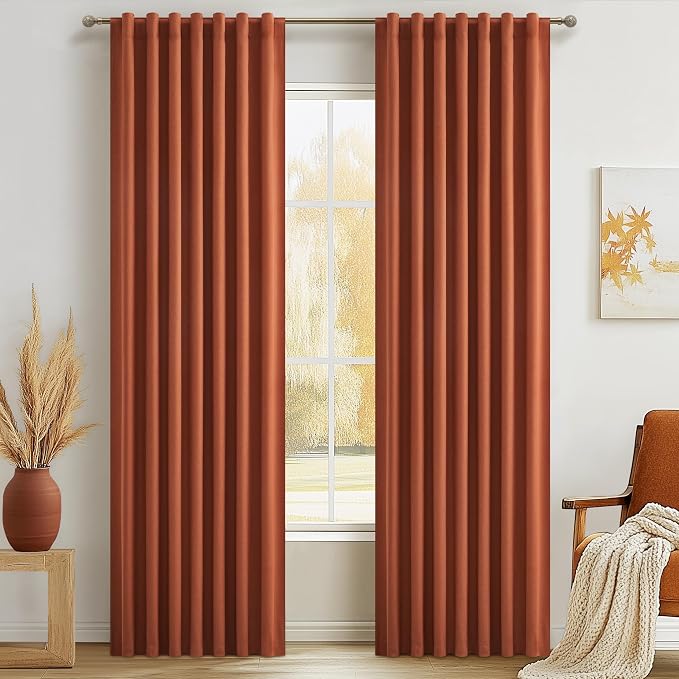 Fall Burnt Orange Curtains Blackout 90 Inches Long 2 Panels Set,Terracotta Autumn Color Decor Retro for Living Room/Bedroom Antique Copper Rust Boho 70s Window Pleated Linen Drapes Thermal (W50"xL90")
