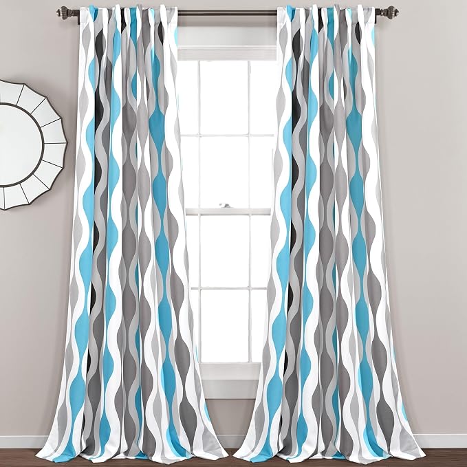 Lush Decor Mid Century Geo Light Filtering Window Curtain Panel Pair, 52" W x 84" L, Blue & Gray