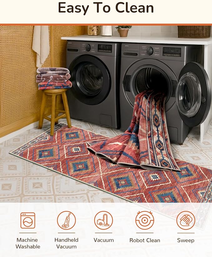 BESTSWEETIE Area Rug 9x12 Rug Machine Washable Non-Slip Low Pile Print Pattern Western Rug for Living Room Bedroom Entryway Tribal Series -Red/Orange