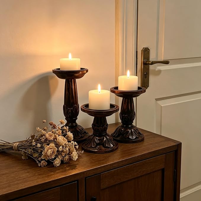 Hosley Set of 3 Wood Pillar Candle Holders 8", 6", 4.25" High Dark Brown Wooden Candlestick Set for Table Centerpiece Ideal for LED & Wax Candles, Rustic Home Decor, Wedding, Party, Spa, Reiki