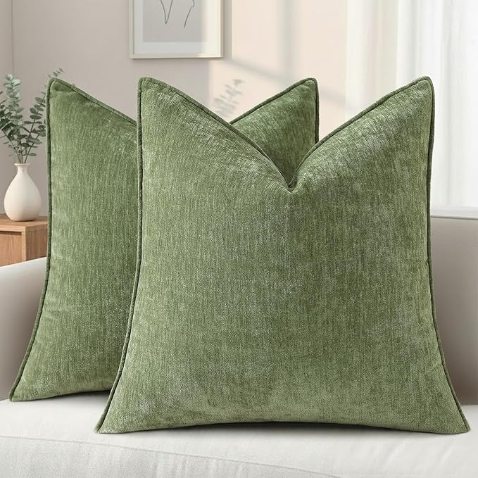 decorUhome Fall Couch Euro Sham Throw Pillow Covers 22x22 Set of 2, Decorative Soft Velvet Modern Cozy Chenille Pillow Cases with Elegant Design for Sofa Bed Living Room Home Decor, Olive Green