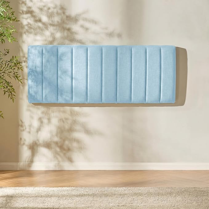 Hearth & Harbor Upholstered Full Headboard - Easy Assemble Channel Stitched Headboard Full Size - Wall Mounted Headboards with 3D Soundproof Wall Panels Peel & Stick Floating Headboards, 08-Ice Blue