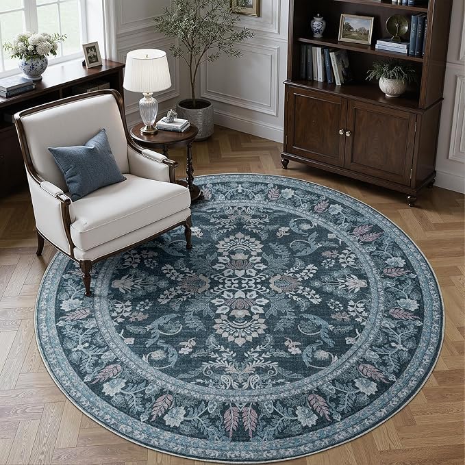 DCX Washable Blue 4x4 Rug Botanical Floral Rugs Soft Non-Slip Low-Pile Stain-Resistant Round Carpet for High-Traffic Areas Bedroom Bathroom