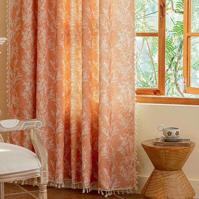 OYX Orange Floral Curtains 63 Inch Long 2 Panels, French Vintage Farmhouse Patterned Decor Window Drapes with Tassels, Girls Semi-Sheer Light Filtering for Bedroom Living Room (Rod Pocket, 52Wx84L)