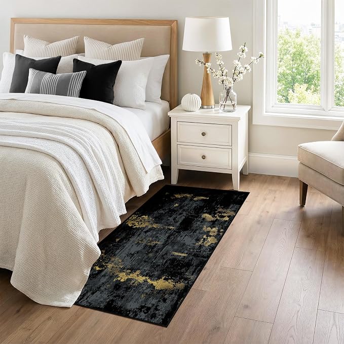 RELEANY Washable Area Rugs 3x6 Non-Slip Modern Abstract Soft for Living Room Entryway Bedroom Kitchen, Print Pattern, Dark Black Gold