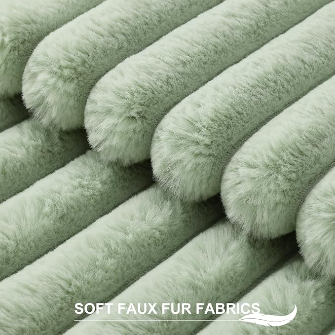 Pallene Faux Fur Plush Throw Pillow Covers 24x24 Set of 2, Luxury Soft Fluffy Striped Decorative Pillow Covers for Sofa, Couch, Living Room, Sage Green