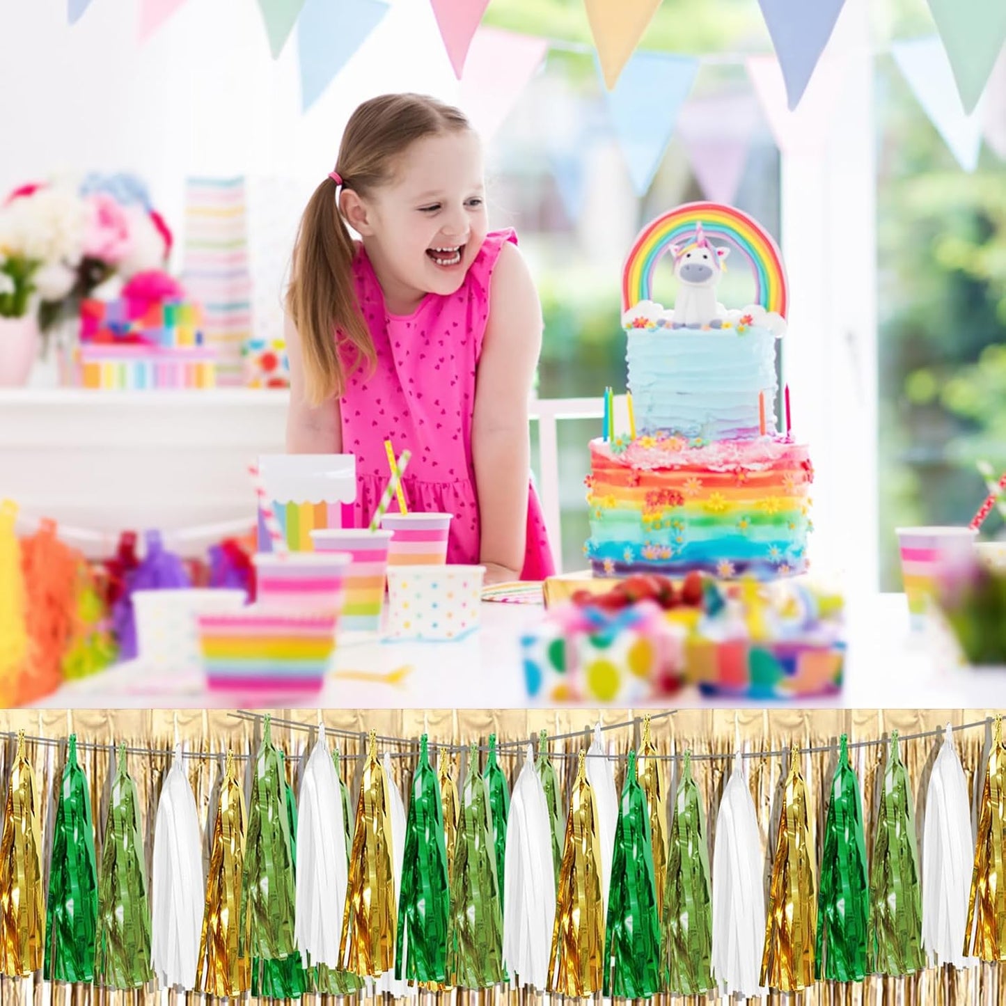 3P Sage-Green Beige-Mint Gold Foil Fringe Metallic Tassel Garland Banner, Tassels Banner Streamers for Parade Floats, Bachelorette, Wedding, Birthday, Christmas, Bridal/Baby Shower Party Decorations