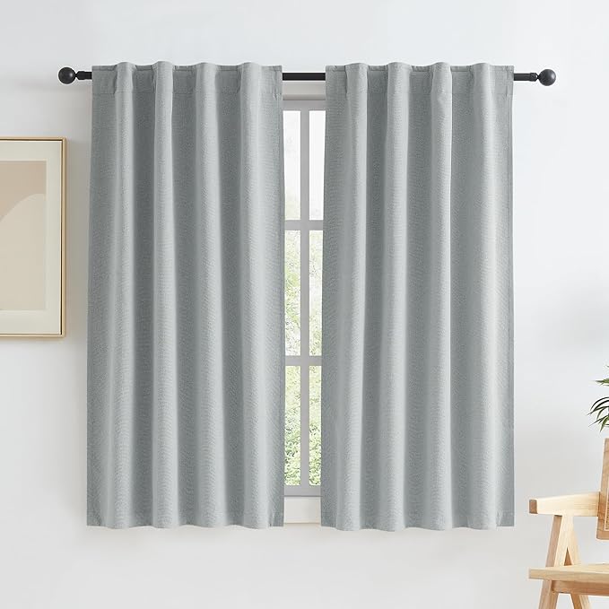 KEQIAOSUOCAI Short Full Blackout Linen Curtains Natural Back Tab Rod Pocket Narrow Curtain Panels for Small Window Cafe Kitchen Curtains 45 Inch Length, 2 Panels,Light Grey, W34 x L45