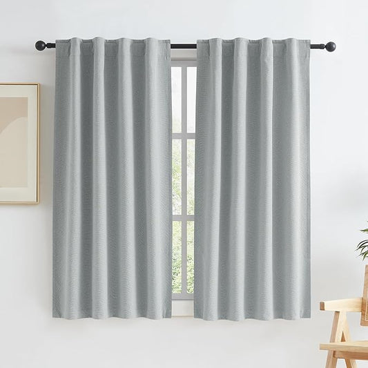 KEQIAOSUOCAI Short Full Blackout Linen Curtains Natural Back Tab Rod Pocket Narrow Curtain Panels for Small Window Cafe Kitchen Curtains 45 Inch Length, 2 Panels,Light Grey, W34 x L45