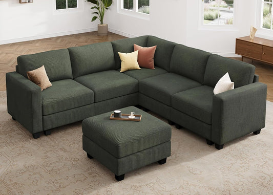 HONBAY Corduroy Modular Sectional Couch with Storage L-Shaped Sectional Couches for Living Room 6 Seater Modular Sofa, Green