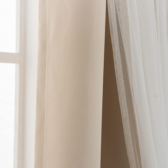 INLINAS Beige Blackout Curtains with Sheer Overlay - Grommet Top Thermal and Noise Reduction Panels for Bedroom and Living Room Light Blocking and Energy Saving, 37 x 72 Inches, Set of 2