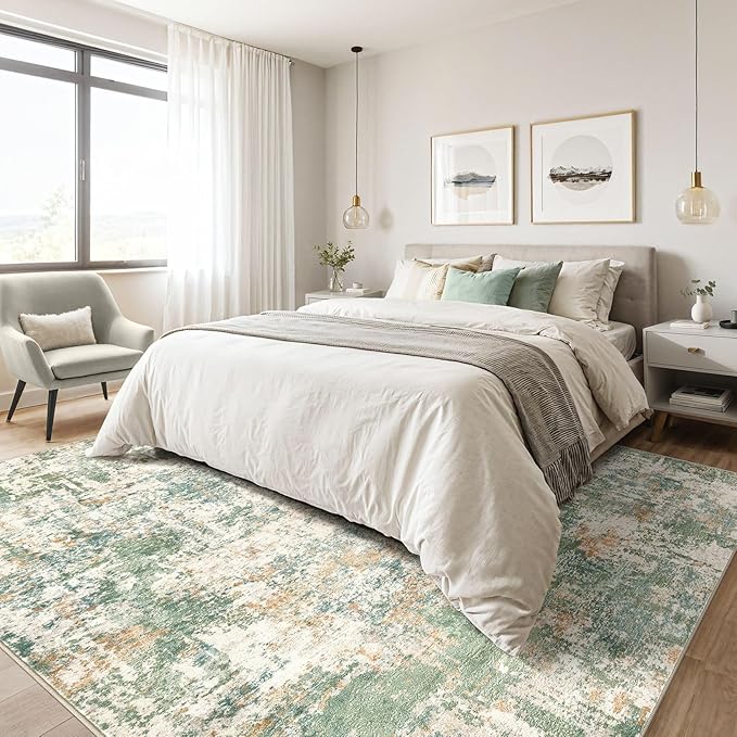 6x9 Area Rugs Living Room: Washable Large Abstract Soft Green Rug Stain Resistant Indoor Floor Non-Slip Accent Carpet for Men Modern Home Enthusiasts Aged 25-45 - Bedroom Office Playroom