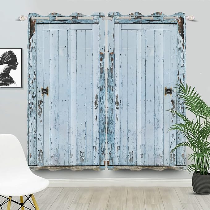 Wooden Barn Door Window Curtains Vintage Blackout Kitchen Curtains Rustic Country Farmhouse Garage Decor Light Blue Wood Planks Print Window Drapes for Living Room Bedroom,42x84 inch,2 Panels