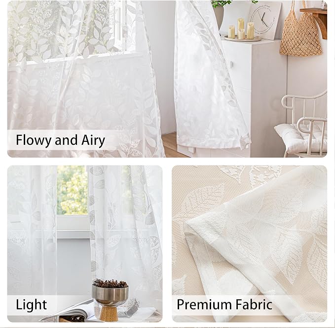 Treatmentex Lace White Sheer Curtains for Living Room 84inch Vintage Botanical Floral Leaf Semi Sheer Window Curtain Panel for Bedroom 54" W 2pcs Rod Pocket 7ft Floor Length