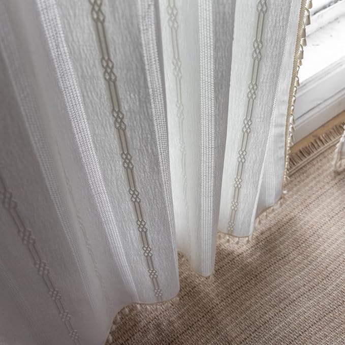 Boho Curtains Embroidery Linen Curtains 108 Inches Long 2 Pannels for Bedroom Off White Country Farmhouse Curtains Light Filtering Curtains for Living Room Rod Pocket Drapes(52" W x 108" L,White)