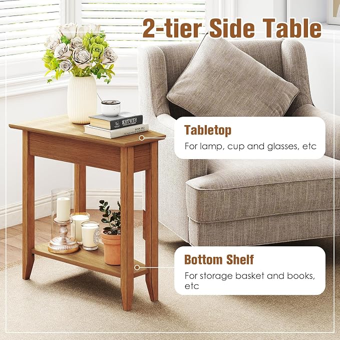 Giantex Wedge End Table, Triangle Side Table with Storage Shelf and Solid Wood Legs, 24.5" Tall Nightstand, Modern Narrow Accent Recliner Table for Small Space Living Room, Light Walnut