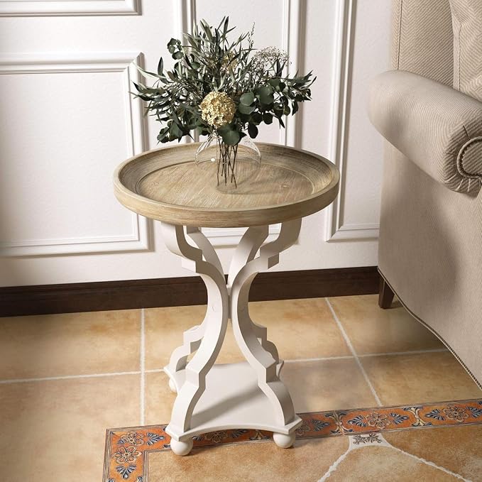 COZAYH Farmhouse Cottagecore End Table, Rustic Wood Tray Top Round Accent Table with White Curved Legs for Family Room, Living Room, or Small Spaces