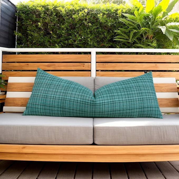 Kevin Textile Outdoor Waterproof Throw Pillow Covers 14x36 Inch Pack of 1 Woven Faux Linen Decorative Water Resistant Long Body Lumbar Cushion Covers for Tent Patio Garden Couch Sofa Teal