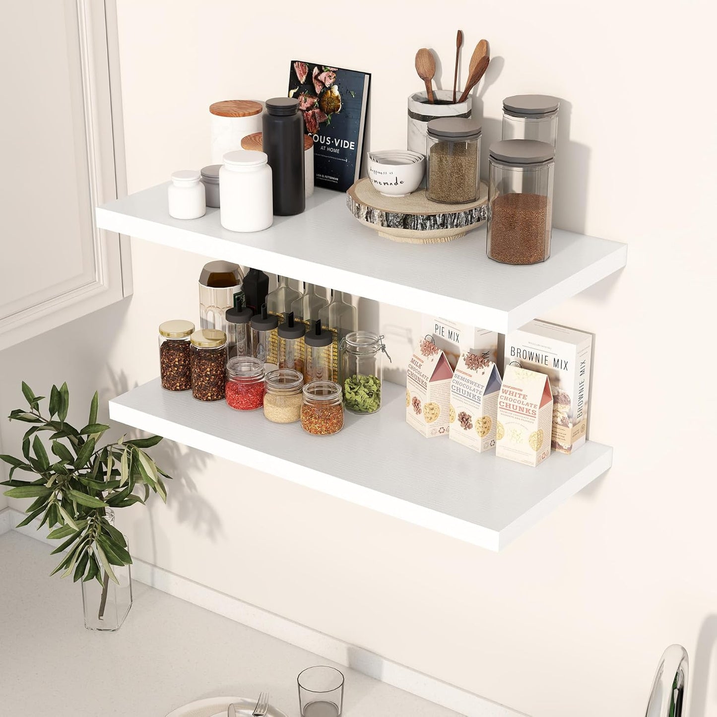 30" Floating Shelves for Wall, 12" Deep Slim White Floating Shelves, Wall-Mounted Shelves for Bedroom, Living Room, Kitchen, Bathroom - Set of 2