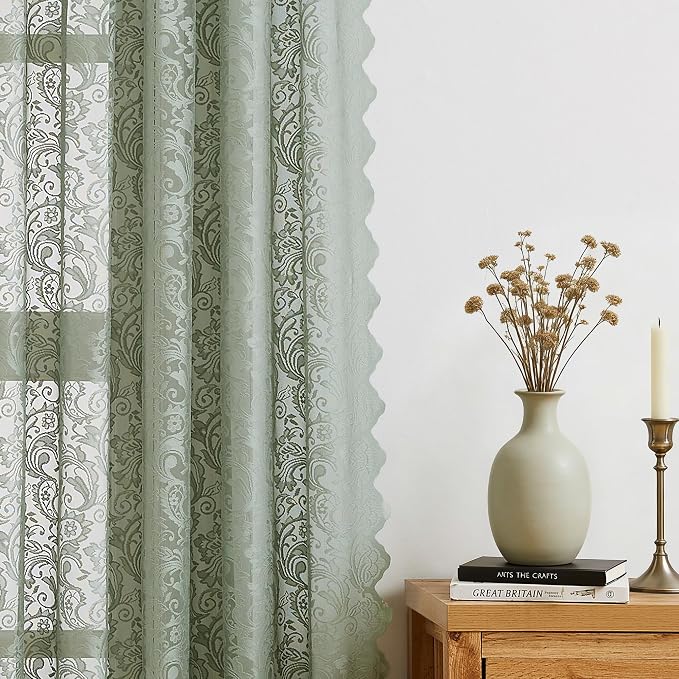 Bujasso Sage Green Lace Sheer Curtains for Bedroom Living Room Vintage Floral Embroidered Window Drapes 63 inch Length with Scalloped Edge,Light Filtering&Privacy,Grommet Top 2 Panels 52Wx63L