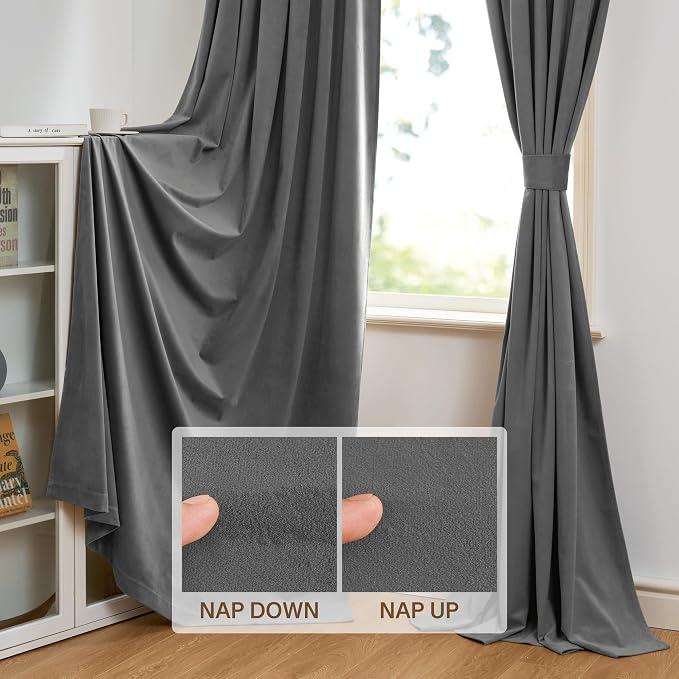 StangH Grey Velvet Curtains 108 inches Long Dual Rod Pocket, 2 Panels | 300GSM Soft Velvet, Room Darkening, Thermal Insulated, Privacy Protect, Noise Absorb, Bedroom, Living Dining Room
