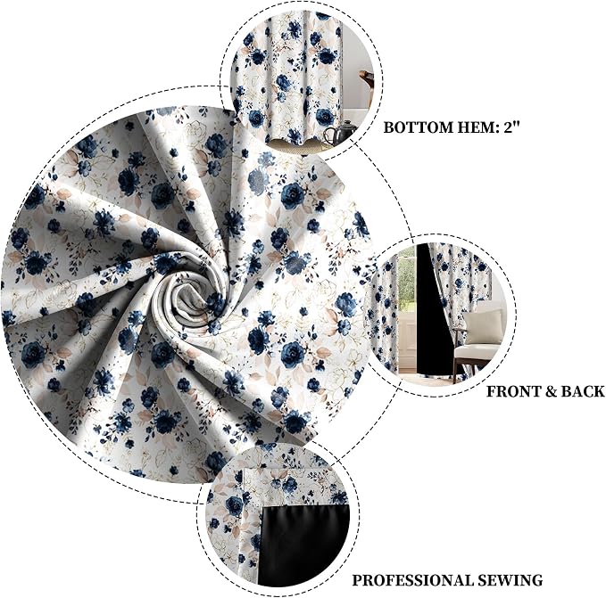 Renaiss Blue and White Floral Blackout Curtains Gold Line Rose Flowers Thermal Insulated Window Drapes for Bedroom 29W x 45L inches 2 Panel Set Window Curtain Panels for Kitchen