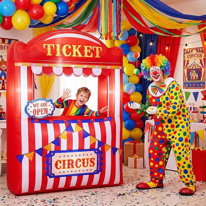 Soulchen 6 x 5 ft Inflatable Circus Ticket Booth Decor with Built in LEDs Lighted and Air Blower, Carnival Party Decoration Blow up Giant Events Birthday Photo Props