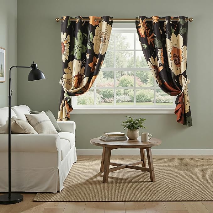 jinchan Lora Floral Curtains for Bedroom Blackout Drapes for Living Room Darkening Fabric Vintage Black Boho Flower Pattern Fall Decor Window Curtains 63 Inches Length 2 Panels with Grommet