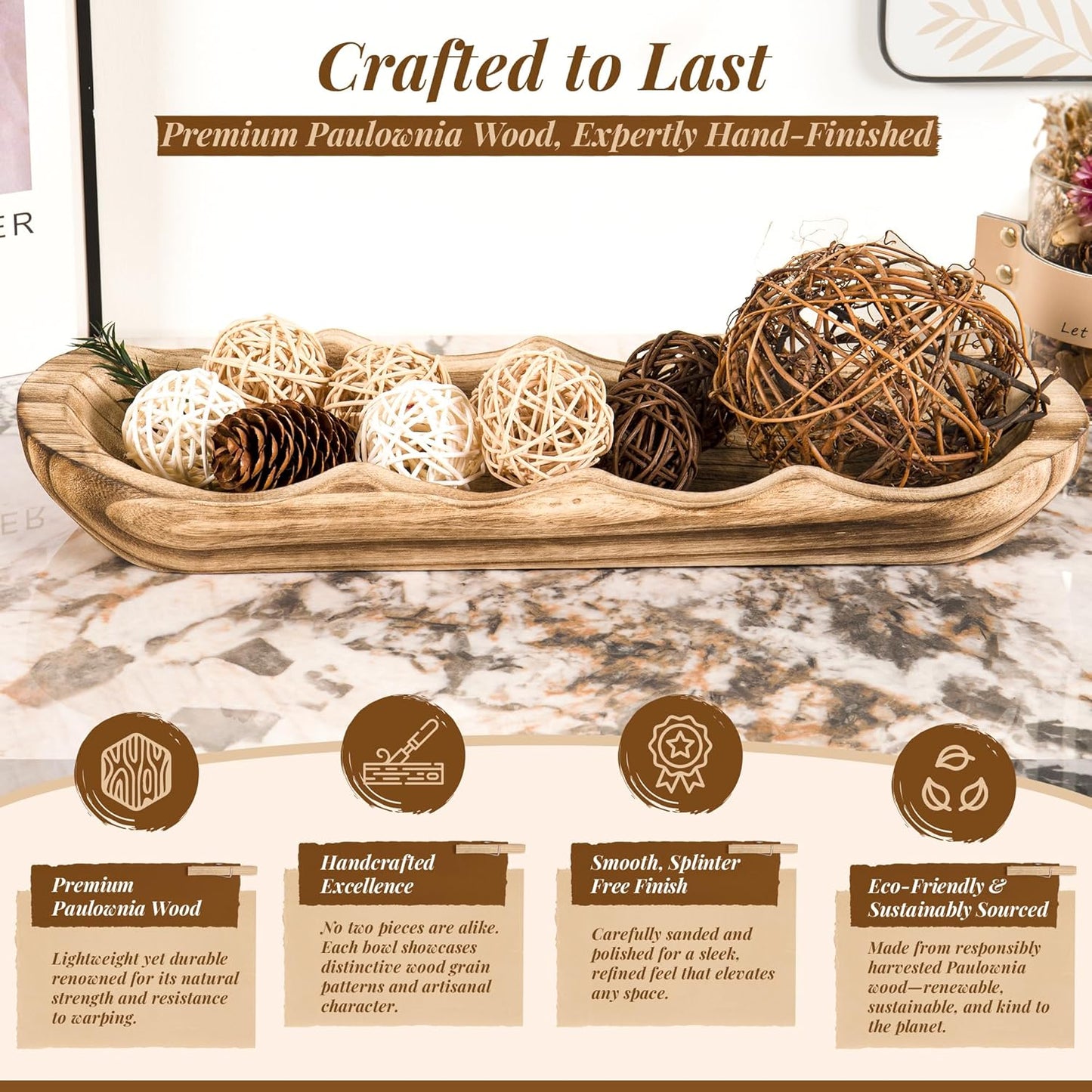 Wavy Edge Wooden Dough Bowl for Decor 16"L Lightweight Paulownia Wood Hand Carved Decorative Wooden Farmhouse Fruit Bowl Handmade, Home Decoration Centerpiece, Table Display Bowl