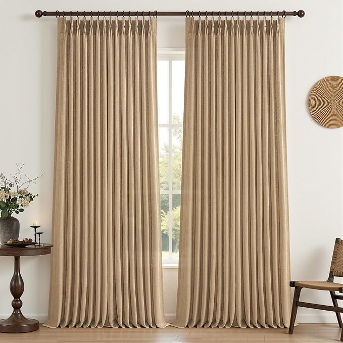 Rust Brown Pinch Pleated Thick Linen Curtains 90 Inches Long for Dining Room, Memory Shape Semi Sheer Light Filtering Drapes Privacy Decorative Curtain Window Burg 40 x 90 Inch Length 2 Panels Set