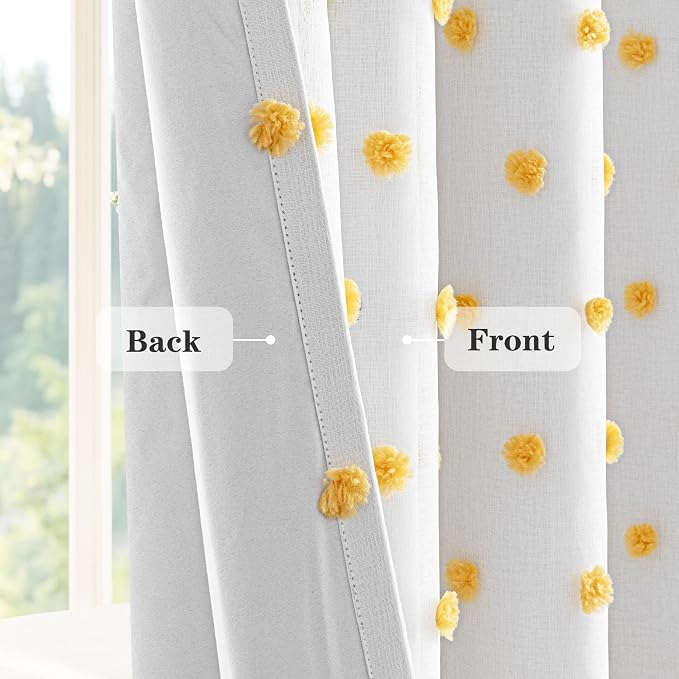 MEETSKY 100% Blackout Curtains for Sliding Glass Door 95 Inch Length Total Light Blocking Curtains for Living Room,Grommet Room Darkening Window Drapes with Yellow Pom Pom Sheer 52W x 95L, 2 Piece