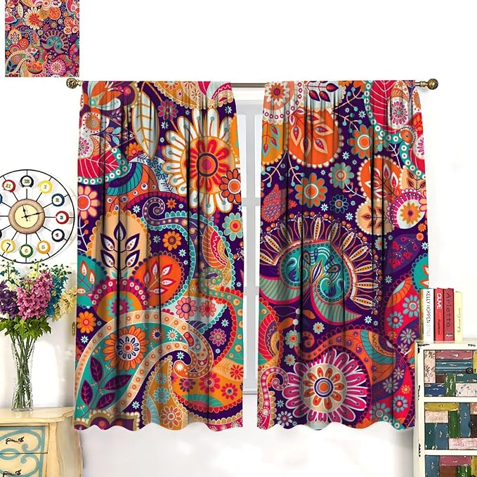 Colorful Floral Bohemian Curtains, Tribal Ethnic Geometric Abstract Patterns, Blackout Curtains for Bedroom Living Room72X63 Inch