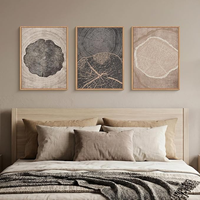 HOURIA Neutral Brown Tree Rings Framed Canvas Wall Art Set,Vintage Abstract Dark Gray Wood Stump Wall Decor,Modern Minimalist Wood Grain Slice Artwork for Living Room,Bedroom,Farmhouse- 12"x16"x3