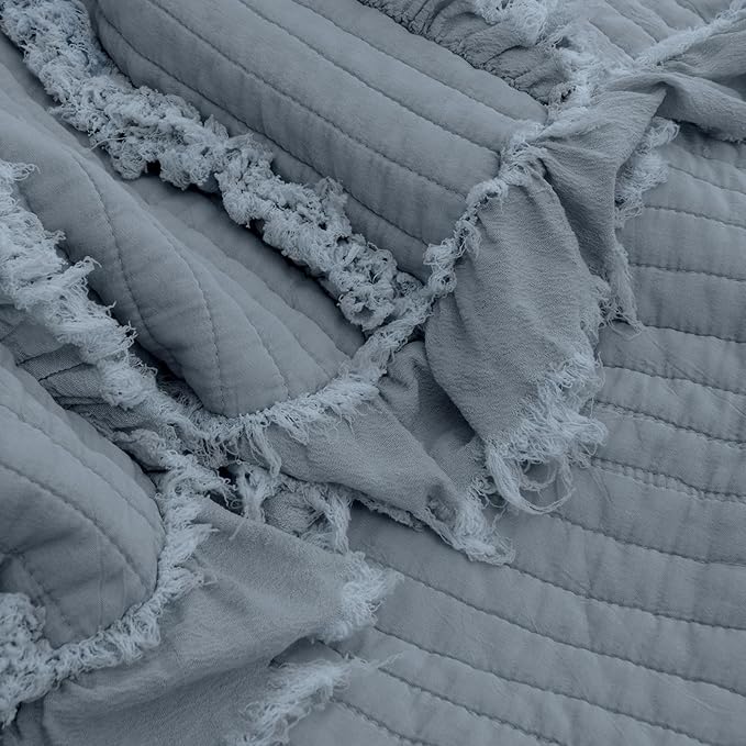 Ultra Soft Pre-Washed Quilted Boho Dark Blue Twin Size Blankets for Bed, Ruffle Fringed Decorative Throw, Stone Washed Chic Rustic Blanket for Sofa Couch Bed, 60"*80"